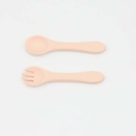 Baby Food Grade Complementary Food Training Silicone Spoon Fork Sets (Color: Apricot, Size/Age: Average Size (0-8Y))