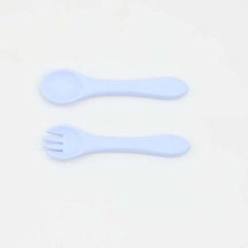 Baby Food Grade Complementary Food Training Silicone Spoon Fork Sets (Color: Blue, Size/Age: Average Size (0-8Y))