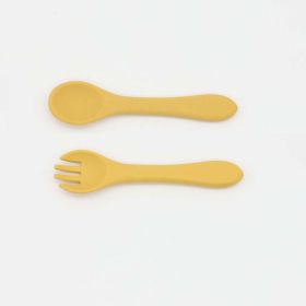 Baby Food Grade Complementary Food Training Silicone Spoon Fork Sets (Color: Yellow, Size/Age: Average Size (0-8Y))