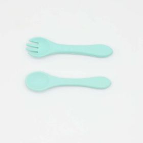 Baby Food Grade Complementary Food Training Silicone Spoon Fork Sets (Color: Green, Size/Age: Average Size (0-8Y))
